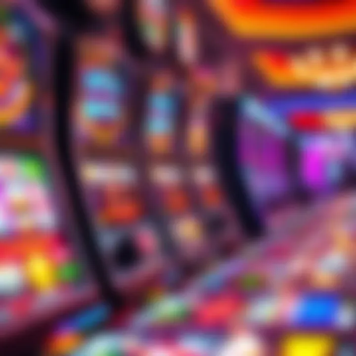 Close-up of colorful slot machines in action