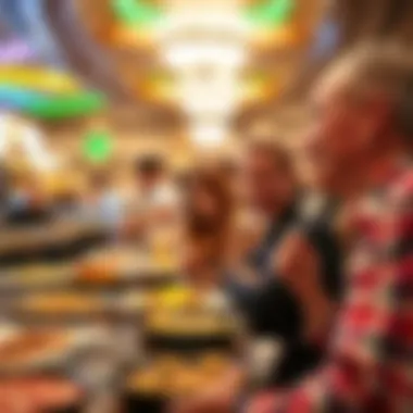 Guests indulging in the buffet experience, relishing their culinary choices.