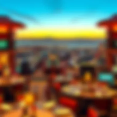 Breathtaking view of the casino floor with dining options in the foreground, illustrating the combined experience