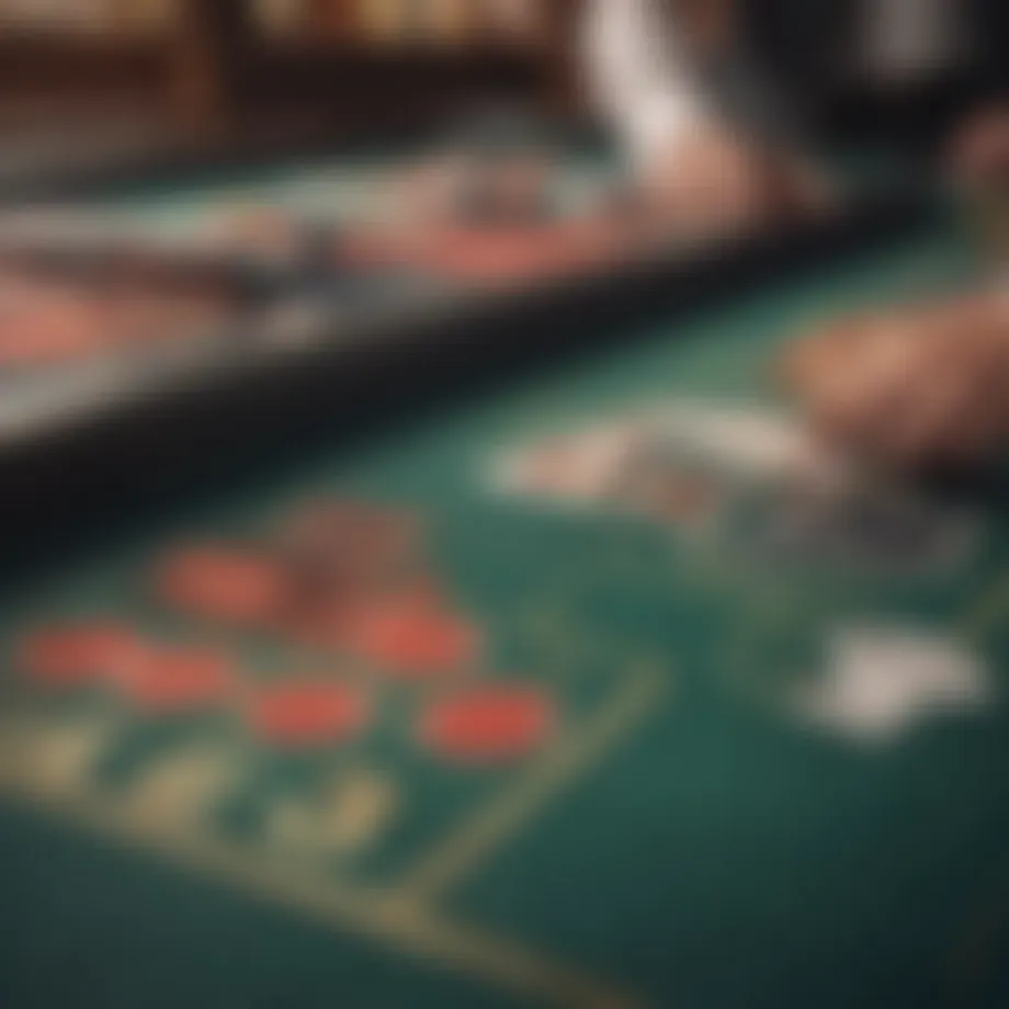 Close-up view of a double deck blackjack table with cards arranged strategically