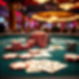 A close-up of poker chips and cards on a felt table