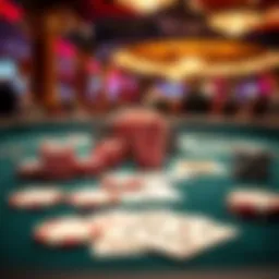 A close-up of poker chips and cards on a felt table