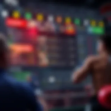 A dynamic illustration of an online boxing betting platform interface showcasing various betting options.