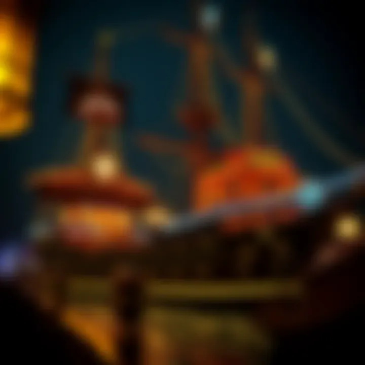A mesmerizing view of a pirate ship casino at night with glowing lights