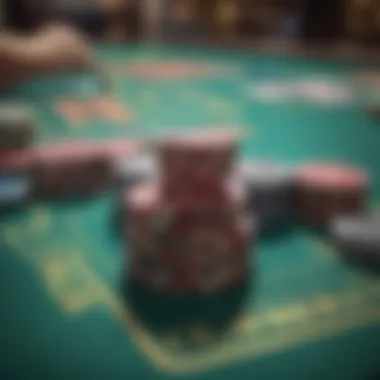 Tournament Chips and Cards Close-up of a poker table showcasing unique tournament chips and cards