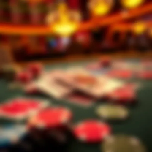 Dynamic Tabletop of Three Card Poker A dynamic tabletop of a three card poker game showcasing vibrant cards and chips