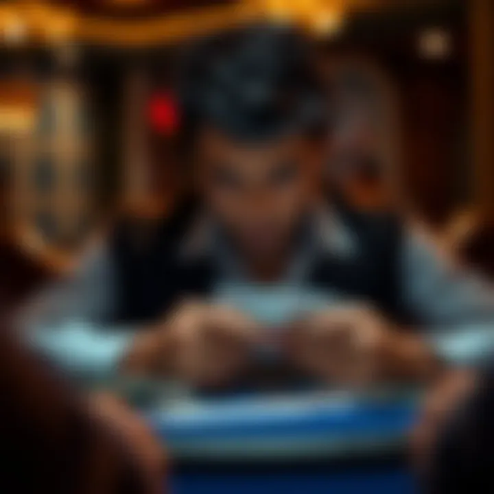 Strategic Card Analysis A player studying their cards with a focused expression, showcasing strategic thinking.