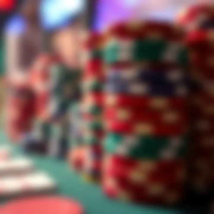 Colorful Poker Chips Display A close-up of poker chips stacked in various colors representing different denominations.