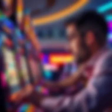 A thoughtful player observing the outcome of a penny slot machine spin with intrigue