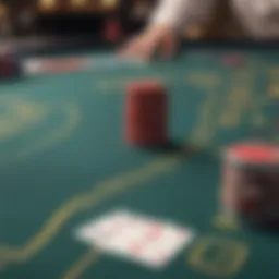 A detailed layout of a Blackjack table with chips and cards