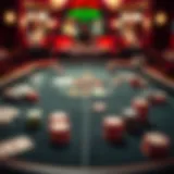 A detailed layout of a poker table with chips and cards