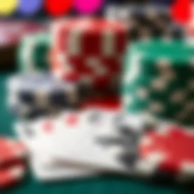 A close-up of poker chips and cards symbolizing strategy and competition in poker.